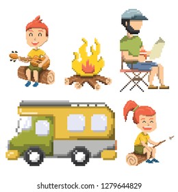 camping set in pixel art