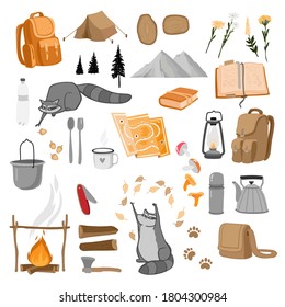 camping con mapaches en fondo blanco
