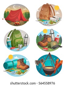 Camping set of round compositions with tent bonfire backpack and boots compass and map isolated vector illustration  