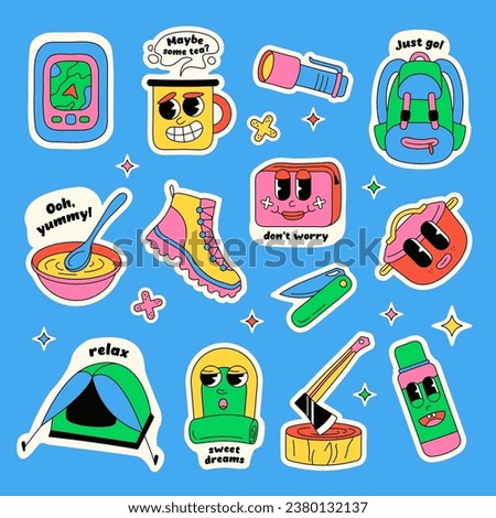 Camping set of stickers. Vector illustration of basic objects of hiking and trekking in y2k style.