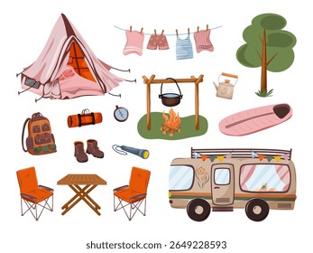 Camping definido para férias ao ar livre de verão. Churrasco e ferramentas de piquenique. Campervan e tenda, botas de caminhada, mochila, cadeira de acampamento. Coleção de design itinerante. Vetor.
