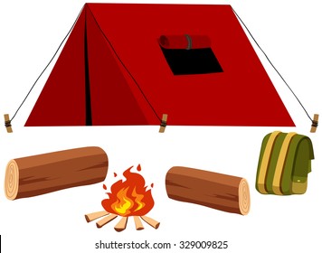 Camping set with tent and fire illustration