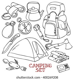 Camping set: tent, knife, Swiss Army knife, flashlight, compass, water bottle, binoculars, kettle, backpack, axe, firewood, matches. Hand-drawn design elements.