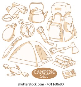 Camping set: tent, knife, Swiss Army knife, flashlight, compass, water bottle, binoculars, kettle, backpack, axe, firewood, matches. Hand-drawn design elements.