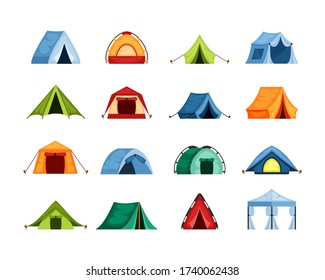 Camping set tent . Tourist tent with a canopy, reinforced with a rope with a peg, the shape of a nylon dome hemisphere, tent, blue, green, red, a symbol of open travel. Vector graphics in flat style.