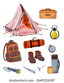 Camping set. Travel items. Tent, backpack, hiking boots, picnic blanket and basket, folding knife and corkscrew, thermos, mug of tea, compass and flashlight. Vector.