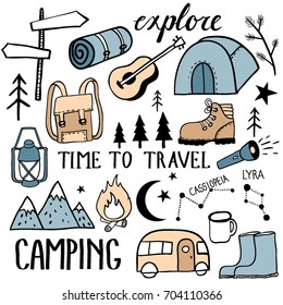 Camping set. Travel kit collection. Equipment for outdor adventure. Hand drawn illustration