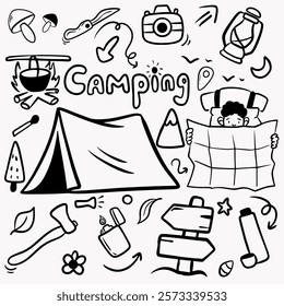 Camping set, vector black line illustration in doodle technique with character with map, tent, campfire, pointer, axe, camera, knife, thermos, lighter, mushrooms for packaging design, print, branding