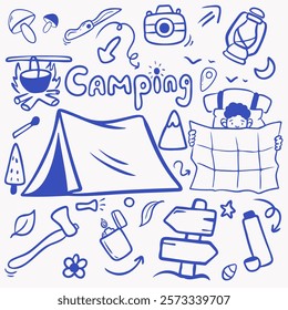 Camping set, vector blue line illustration in doodle technique with character with map, tent, campfire, pointer, axe, camera, knife, thermos, lighter, mushrooms for packaging design, print, branding