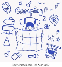 Camping set, vector blue line illustration in doodle technique with character with map, campfire, pointer, axe, camera, thermos, lighter, mushrooms for packaging design, print, branding