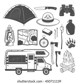 Camping set of vector design elements with camper van and equipments for traveler in monochrome style isolated on white background
