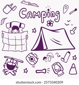 Camping set, vector lila line illustration in doodle technique with character with map, tent, campfire, pointer, axe, camera, knife, thermos, lighter, mushrooms for packaging design, print, branding