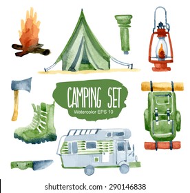 Camping Set. Vector Watercolor Illustration.