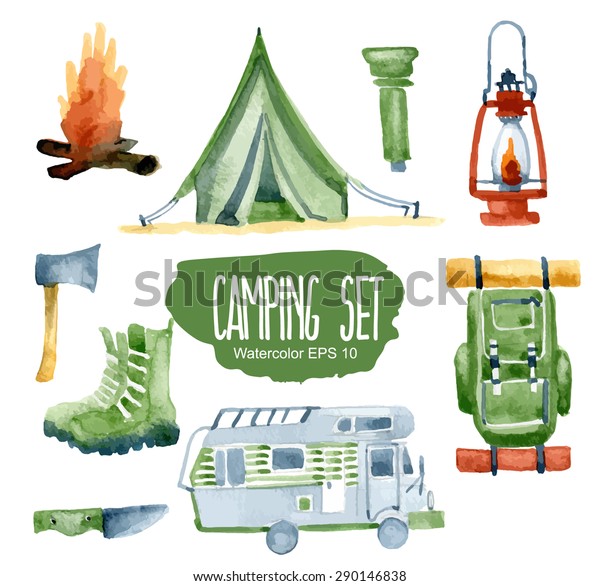 Camping set. Vector\
watercolor\
illustration.