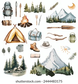 Juego de acampada. Acuarela dibujado a mano conjunto de ilustración de turista. Tienda, guitarra, mochila, comida enlatada, hervidor, taza, botas, hacha, cuchillo, cerillas aisladas sobre fondo blanco. 