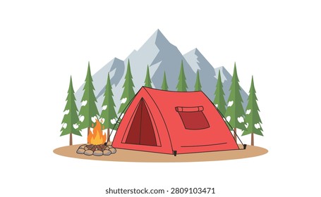 Camping setup features a red tent pitched in a forest clearing in front of snow-capped mountains with a campfire burning brightly in the evening.