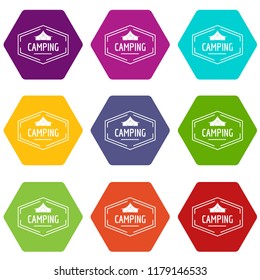 Camping shield icons 9 set coloful isolated on white for web
