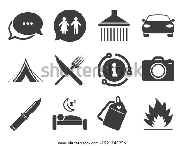 Camping, shower and wc toilet
signs. Discount offer tag, chat, info icon. Hiking trip icons.
Tourist tent, fork and knife symbols. Classic style signs set.
Vector