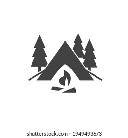 Camping sign. Hut in the wild with bonfire. Forest tourist house. Flat color yellow and black with shadowing. Vector illustration.