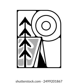 Camping silhouette badge design. Adventure logo graphics. Outdoor nature label monochrome. Stock vector hiking artwork