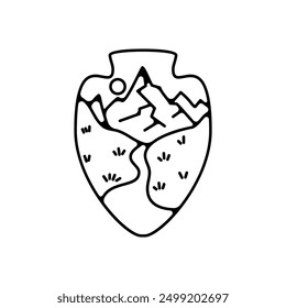 Camping silhouette badge design. Adventure linear logo graphics. Outdoor nature label monochrome. Stock vector line art hiking artwork.