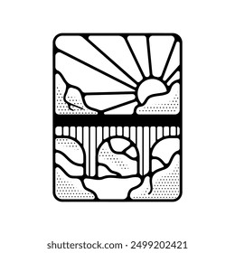 Camping silhouette badge design. Journey Adventure logo graphics. Outdoor nature label monochrome. Stock vector hiking artwork.