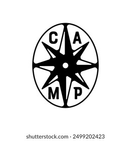 Camping silhouette badge design. Journey Adventure logo graphics. Outdoor nature label monochrome. Stock vector hiking artwork.