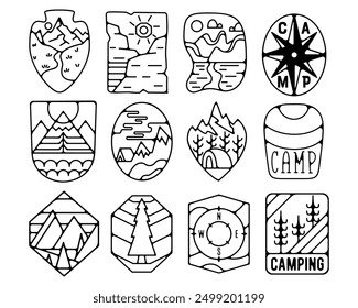 Camping silhouette badges set design. Adventure logo graphics. Outdoor nature label monochrome collection. Stock vector hiking artwork insignias.