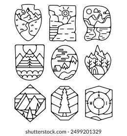 Camping silhouette badges set design. Adventure logo graphics. Outdoor nature label monochrome collection. Stock vector hiking artwork isolated.