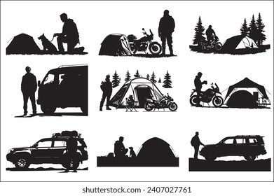 camping silhouette bundle vector, silhouette hiking man vector