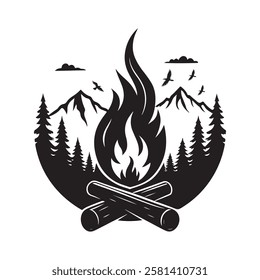 Camping silhouette element, Bonfire and Campfire Icons vector.