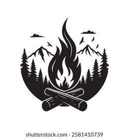 Camping silhouette element, Bonfire and Campfire Icons vector.