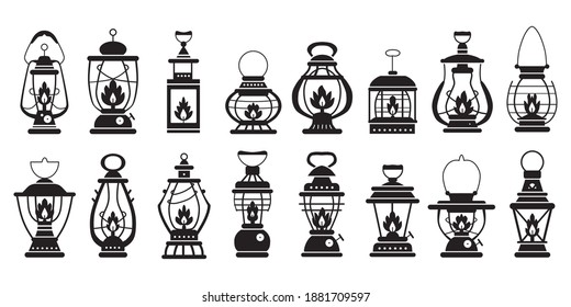 Camping silhouette lantern set in flat style. Vector illustration black on white of camp equipment. Retro gas lamps collection for garden. Different cartoon oil lamp