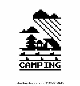 a camping silhouette pixel vector design in the forest that can be used as a t-shirt design
