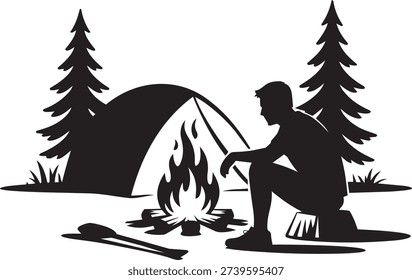 Camping silhouette with tent and campfire