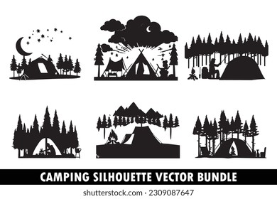 Camping silhouette vector, Camping silhouette vector bundle design, Outdoor adventure bundle, Camping scene SVG, Camping activity silhouette bundle, Campfire silhouette bundle svg