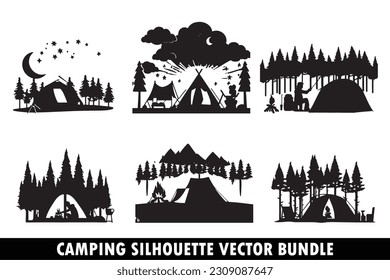 Vector de silueta de camping, diseño de conjunto vectorial de silueta de camping, paquete de aventura al aire libre, SVG de escena de camping, paquete de silueta de actividad de camping, paquete de silueta de fogata