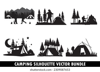 Vector de silueta de camping, diseño de conjunto vectorial de silueta de camping, paquete de aventura al aire libre, SVG de escena de camping, paquete de silueta de actividad de camping, paquete de silueta de fogata