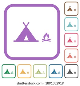 Camping simple icons in color rounded square frames on white background
