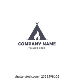 Camping mit einfachem Logo-Design, mit Zelt- und Lagerfeuerelementen, Ideal für Camping-Equipment Vermietung Firmenlogo Branding, Abenteuerlogo Branding.