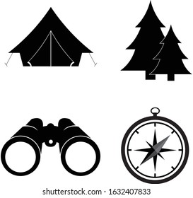 Camping. A simple set of camping icons. Universal camping icons. Icon tent, spruce, binoculars, compass.