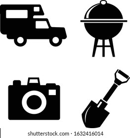 Camping. A simple set of camping icons. Universal camping icons. Icon car, a shovel, a barbecue, and a camera.