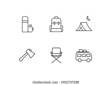 Camping simple thin line icon set vector illustration. Thermos, backpack, tent, ax, camping chair, camper van.