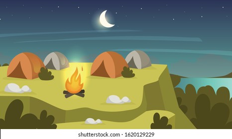 Camping sit flat vector illustration. Night scene with campfire and tents. Overnight stop on mountain peak. Hiking rest on hill plato. Field landscape. Expedition site. Valley cartoon background