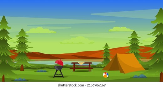 Un camping con hermosos árboles, vector de fondo 

