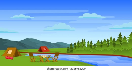 Ein Campingplatz mit schönen Bäumen, Hintergrund, Vektorgrafik 

