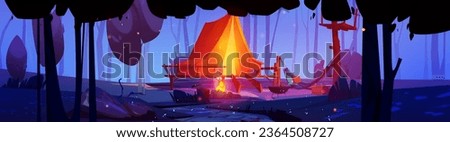 Camping site with bonfire in night forest. Vector cartoon illustration of fire burning near tent on wooden platform, hammock between trees, fireflies in darkness, travel adventure game background