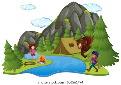 Camping site with campers and big bear illustration
