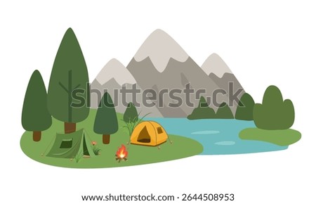 Camping site, campsite, campground vector. Landscape or nature scenery clipart in flat cartoon style isolated on white background.