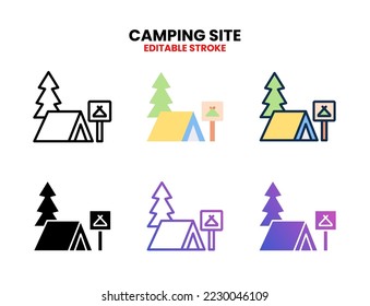 Icono de sitio de acampado conjunto línea vectorial, contorno, glifo, línea rellena, color plano, línea y gradiente plano. Actrazo editable y píxel perfecto. Se puede usar para productos digitales, presentación, interfaz de usuario y muchos más.